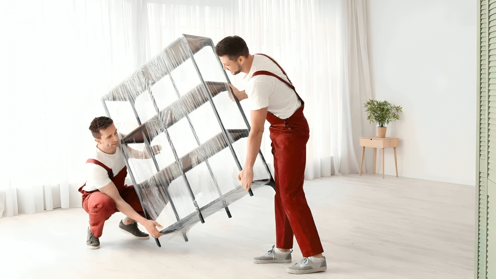 Professional furniture movers in Dubai carefully packing and transporting home furniture.